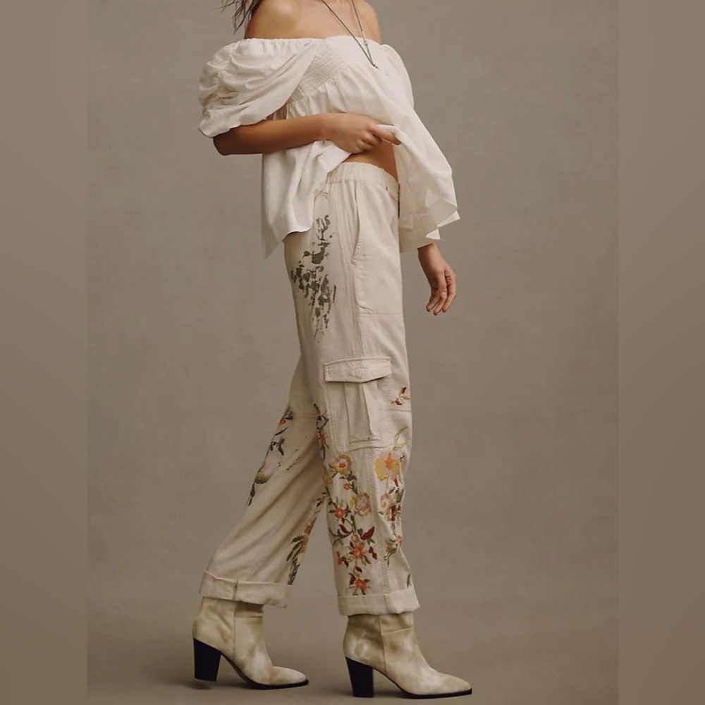 Pilcro Anthropologie Women’s Small Botanical Slim Linen Beach Cargo Pants - Picture 2 of 15